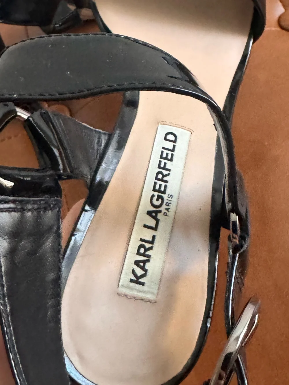 Karl Lagerfeld Paris Black Patent Strappy High Heel Sandals